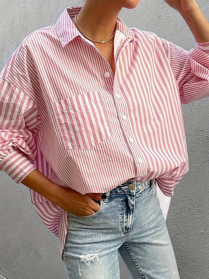 Camisa tipo cárdigan con cuello vuelto elegante y estampado de rayas holgada informal a la moda