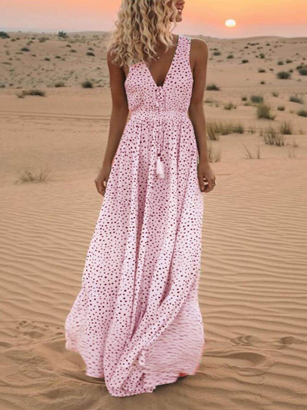 Bohemian V-hals ermeløs polka-dot maxi skjørt