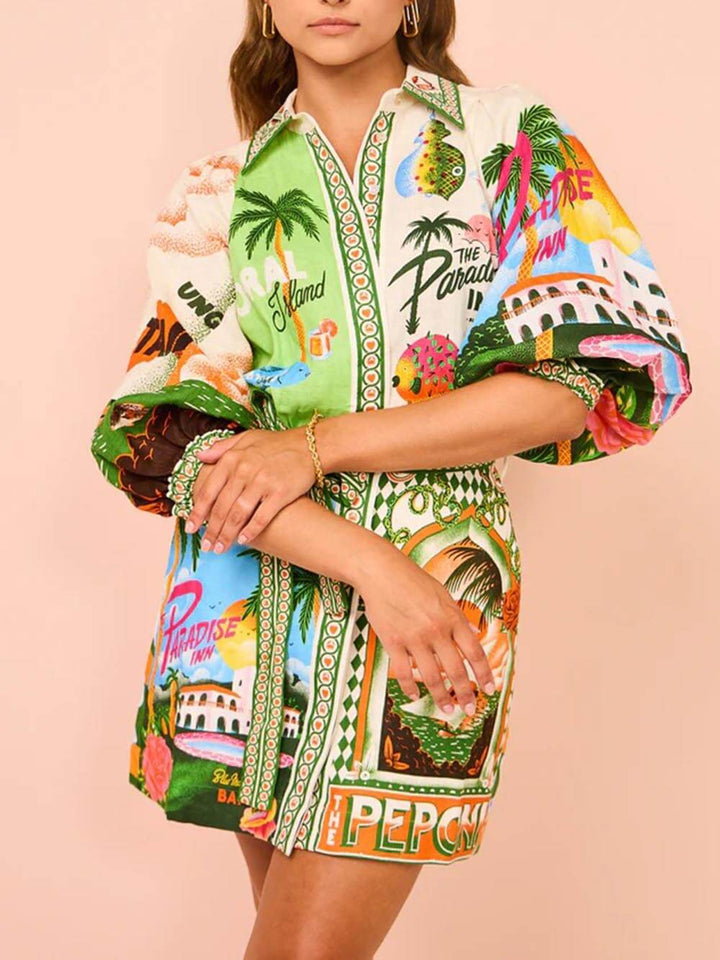 Lässiges, einzigartiges bedrucktes Hemd-Cardigan-Kleid