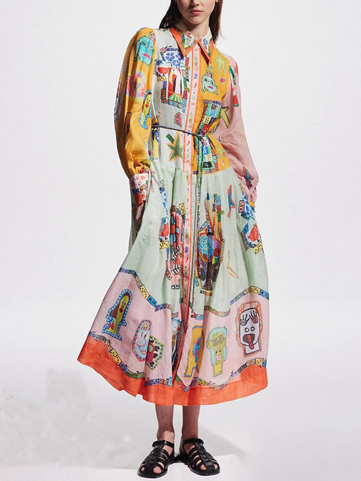 Unique Print Colorblock Balloon Sleeve Belt Shirt Midi-mekko