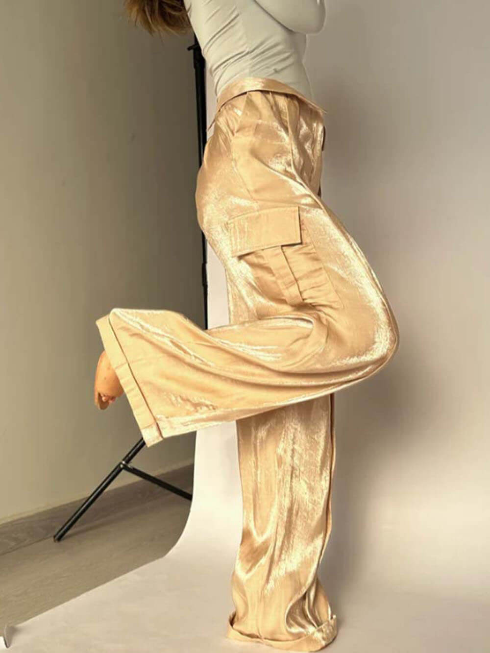 Gouden jaren glitterstof broek met trekkoord in de taille en wijde pijpen