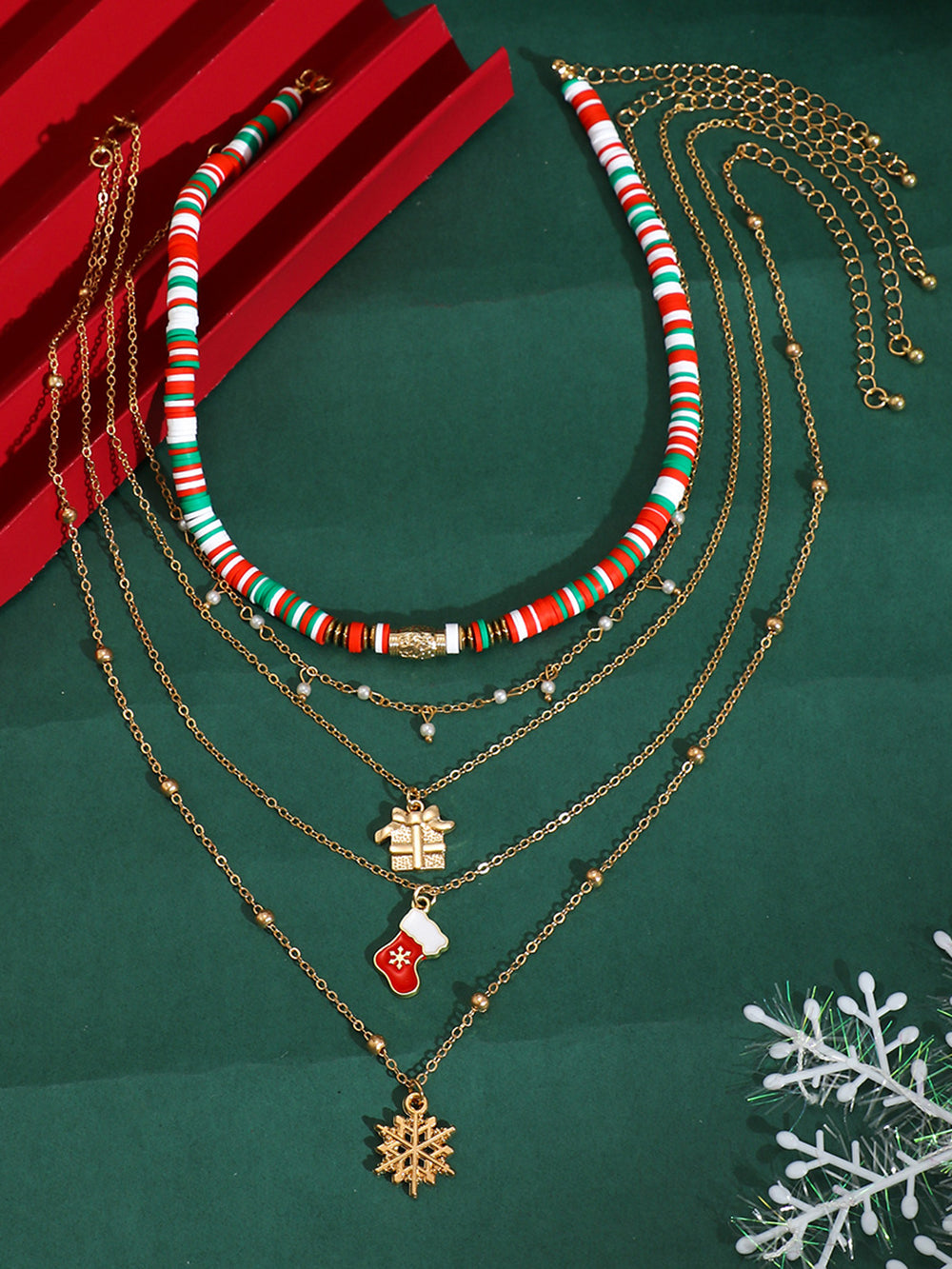 4 stk juletræ snefnug klokker keramisk halskæde
