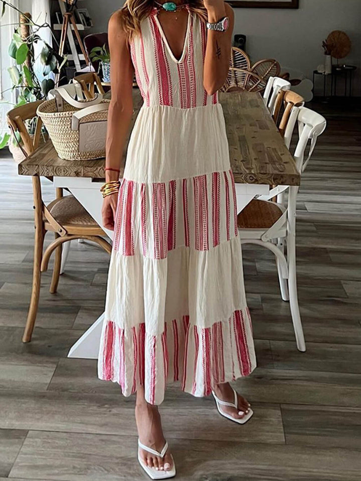Stijlvolle gestreepte mouwloze midi-jurk met V-hals en print