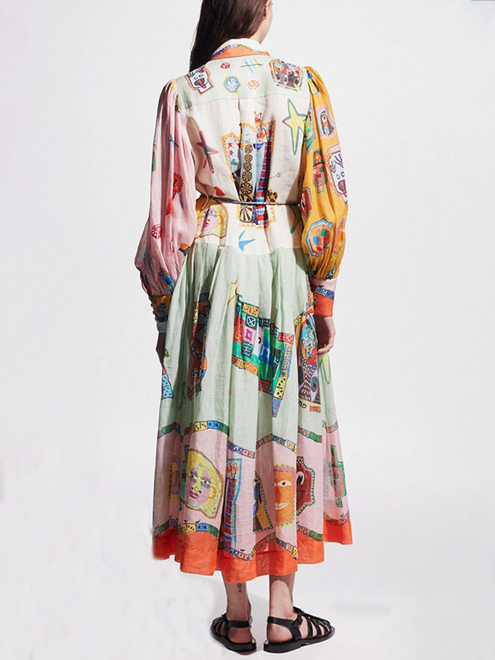 Unik Print Colorblock Ballongermet Belteskjorte Midi-kjole