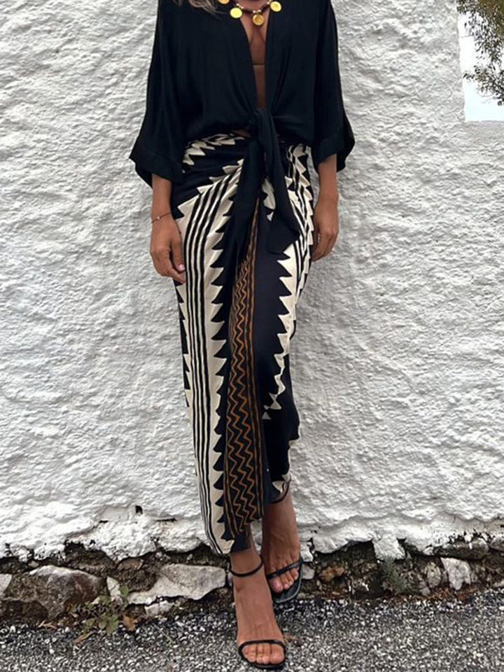 Astra Ethnic Print Ruched Wrap Maxi sukně s vysokým pasem