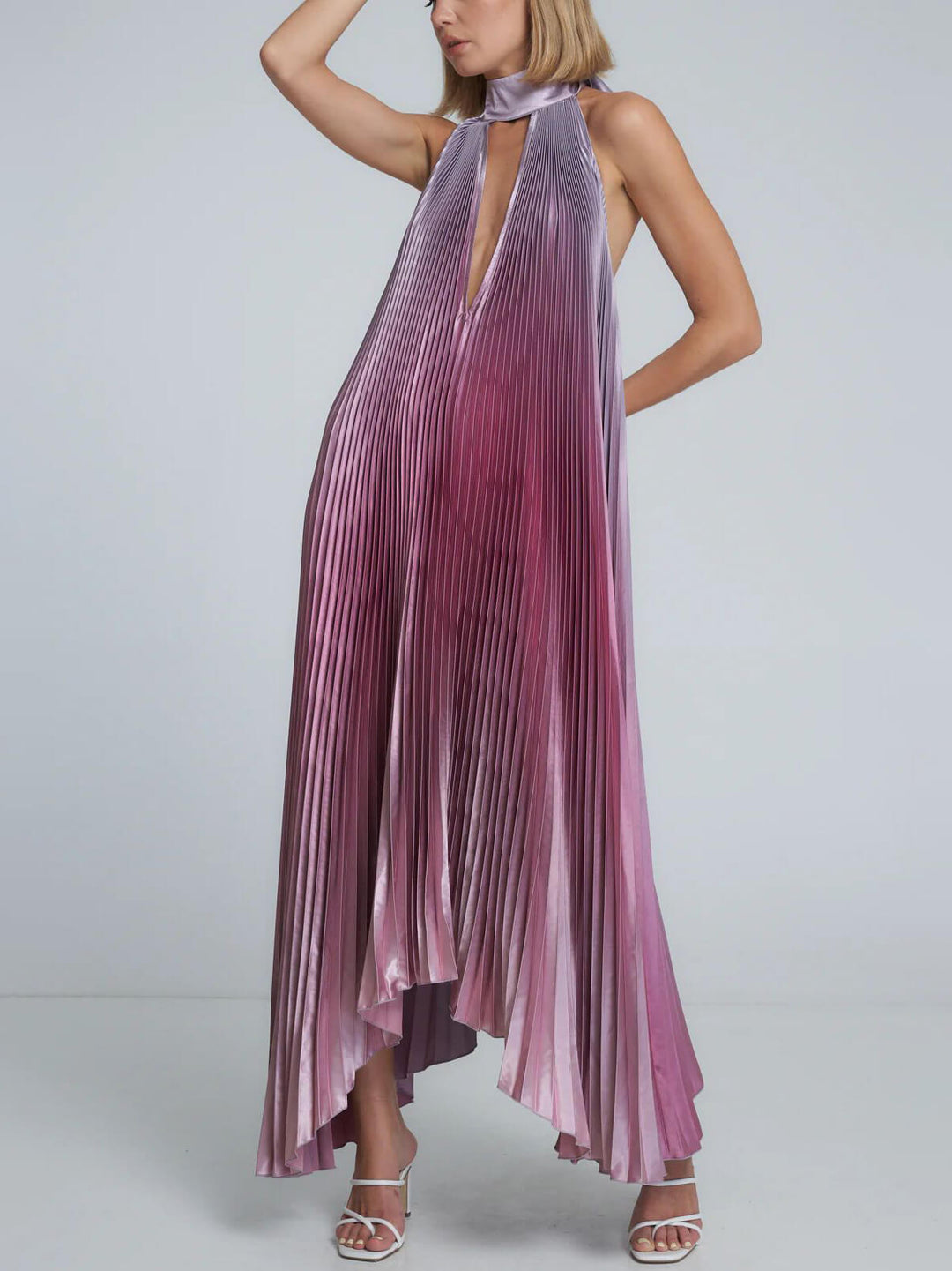 Stylish Pleated Halterneck Strappy Backless Midi Dress