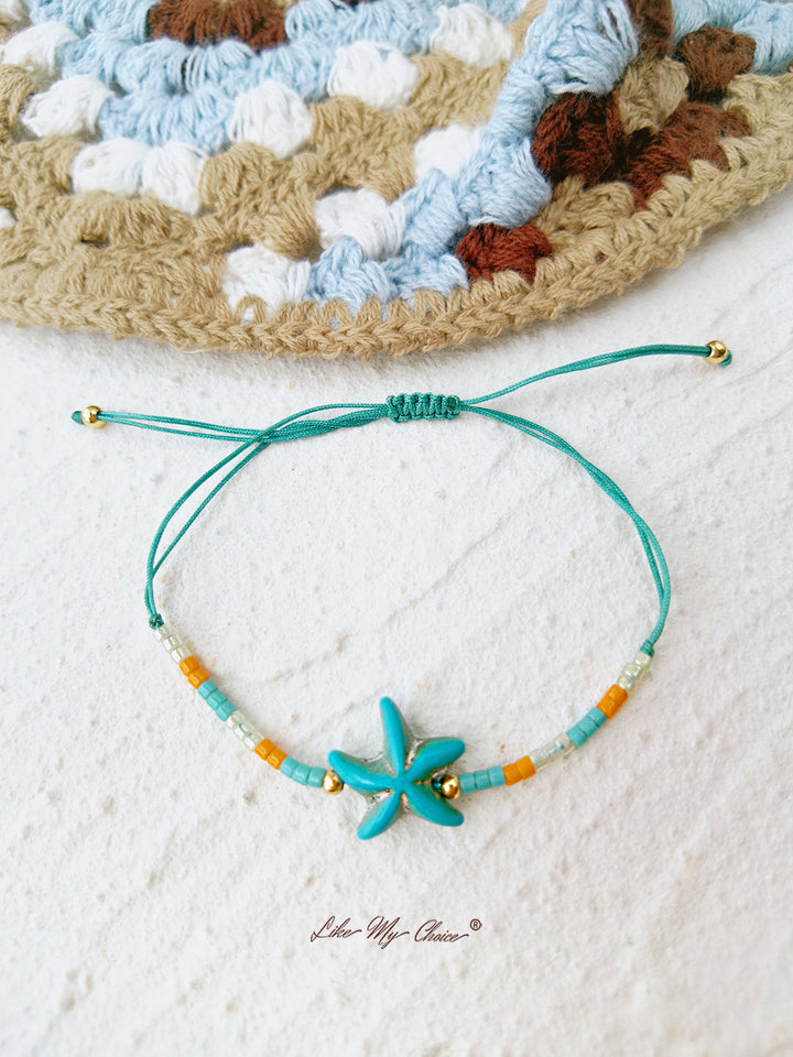 Pulsera De Cuentas Con Cordón Ajustable Estrella De MarTurquesa