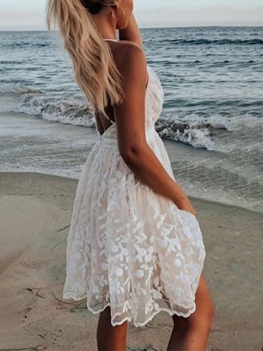 Lace V-Neck Backless Dress