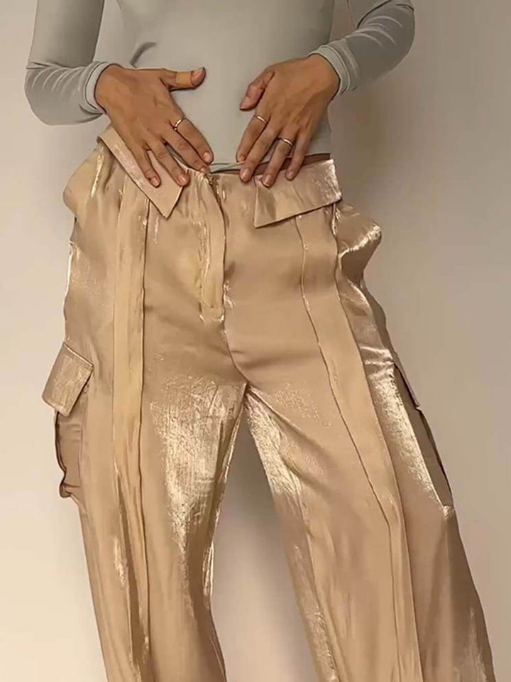 Golden Years Pantalones anchos con bolsillos y cintura con cordón y tejido brillante
