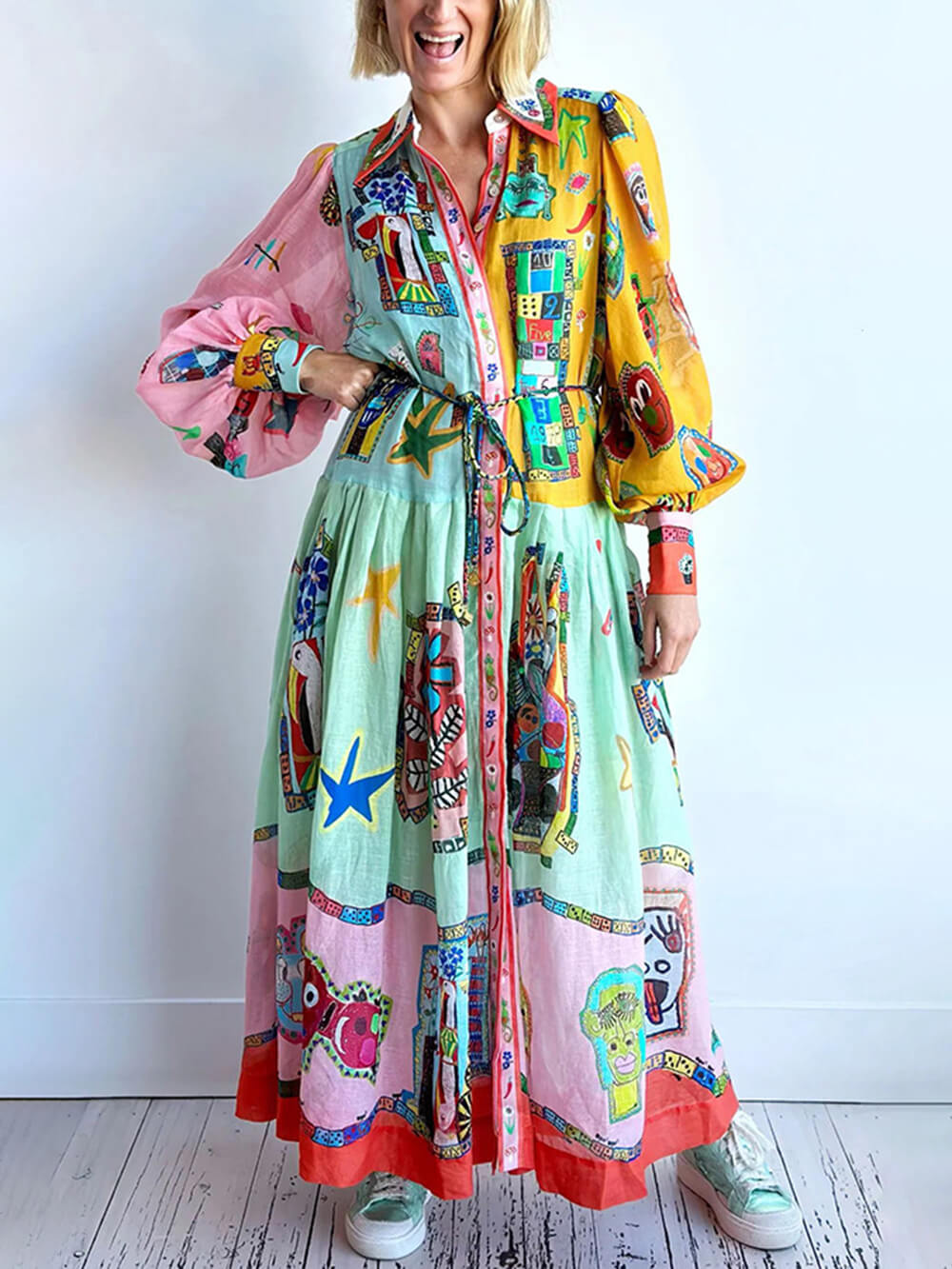 Vestido midi estilo camisa con cinturón y mangas globo con bloques de color y estampado único