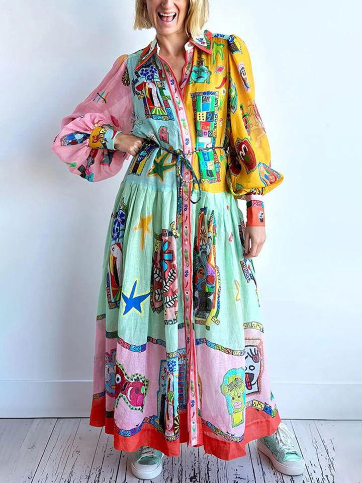 ชุดเดรส Midi Dress เสื้อเชิ้ตแขนบอลลูนพิมพ์ลาย Colorblock ที่ไม่ซ้ำใคร