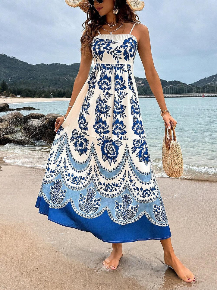 Floral Etnisk Print Tilbake Smocked Loose Midi Dress