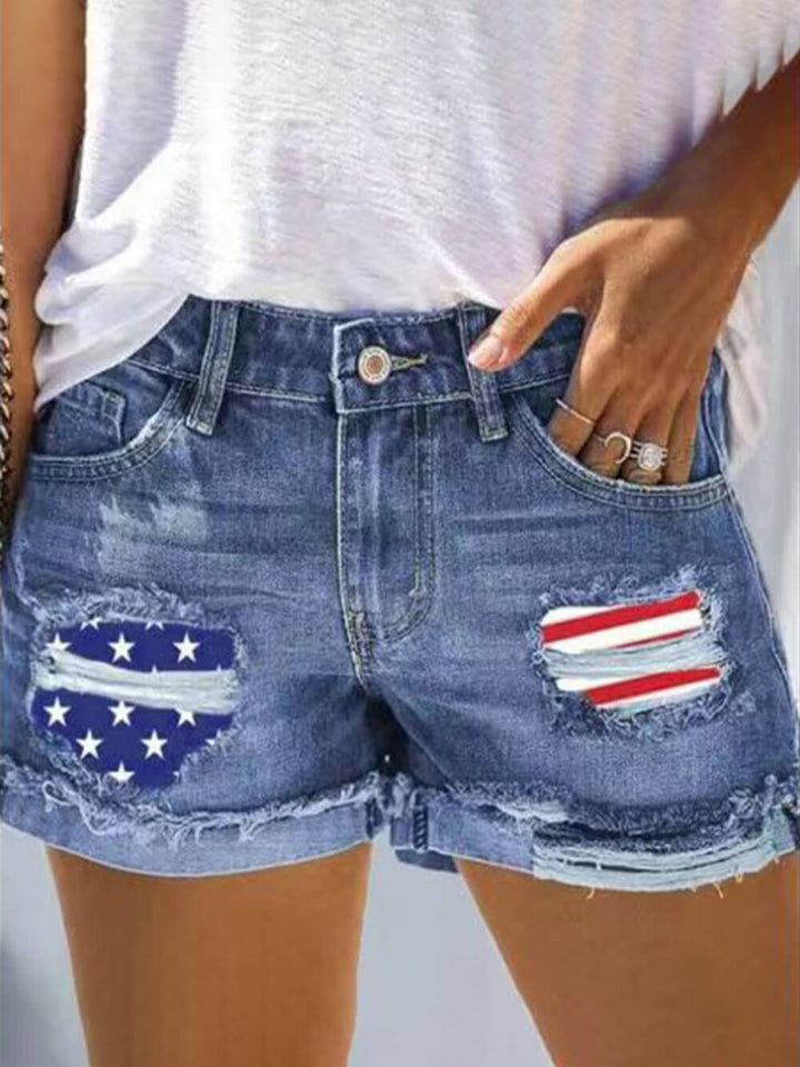 Gescheurde rechte denim shorts met vlaggemanchetten