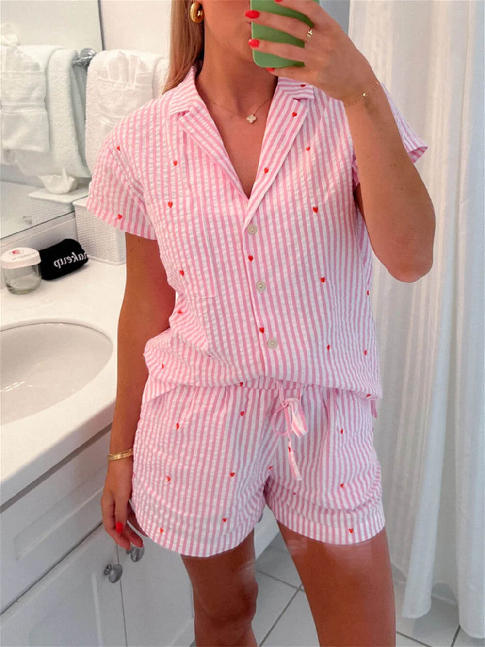 Homewear Cute Love Striped Print Shirt Drawstring Lace up Shorts Set