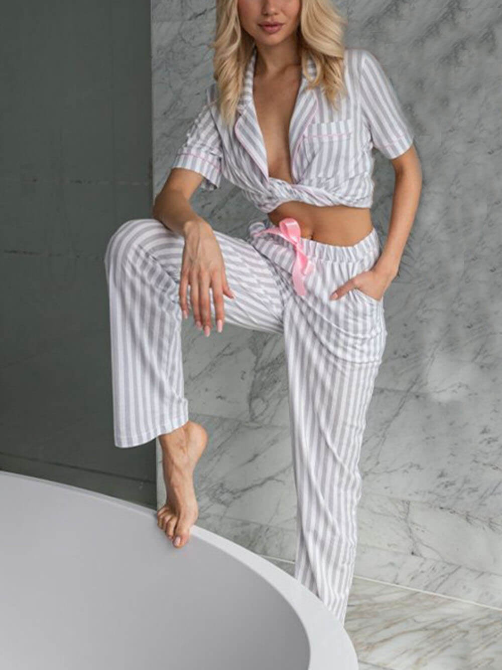 Stribet løst patchwork pyjamassæt