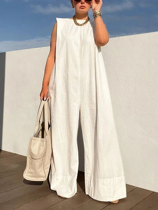 Enfärgad lös Casual ärmlös rund hals byxor med vida ben Jumpsuit