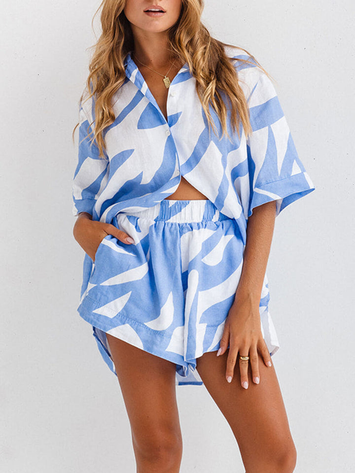 Loose Printed Island Blue Shirt Short Resort Style -puku