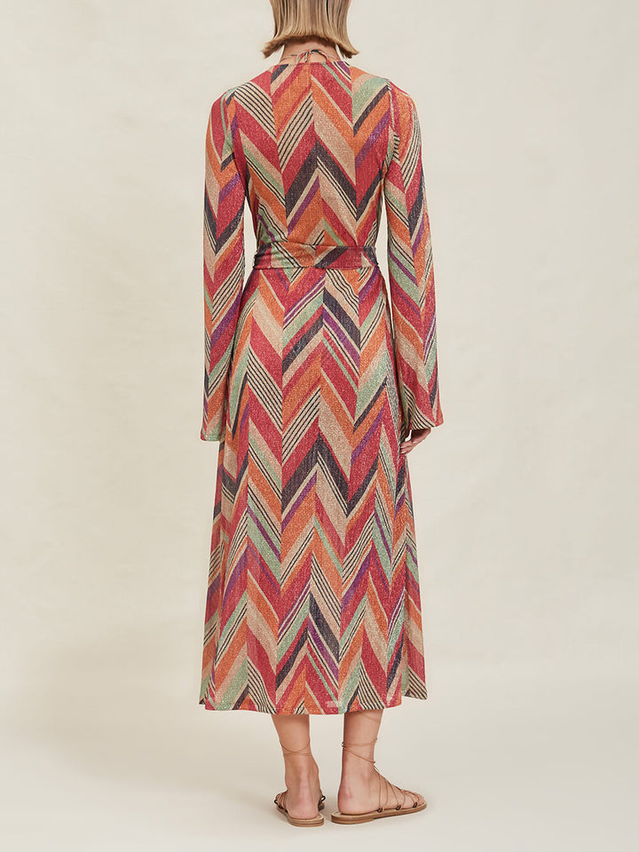 Beach Resort Geometric Print Bell Sleeve Cardigan Midi -mekko