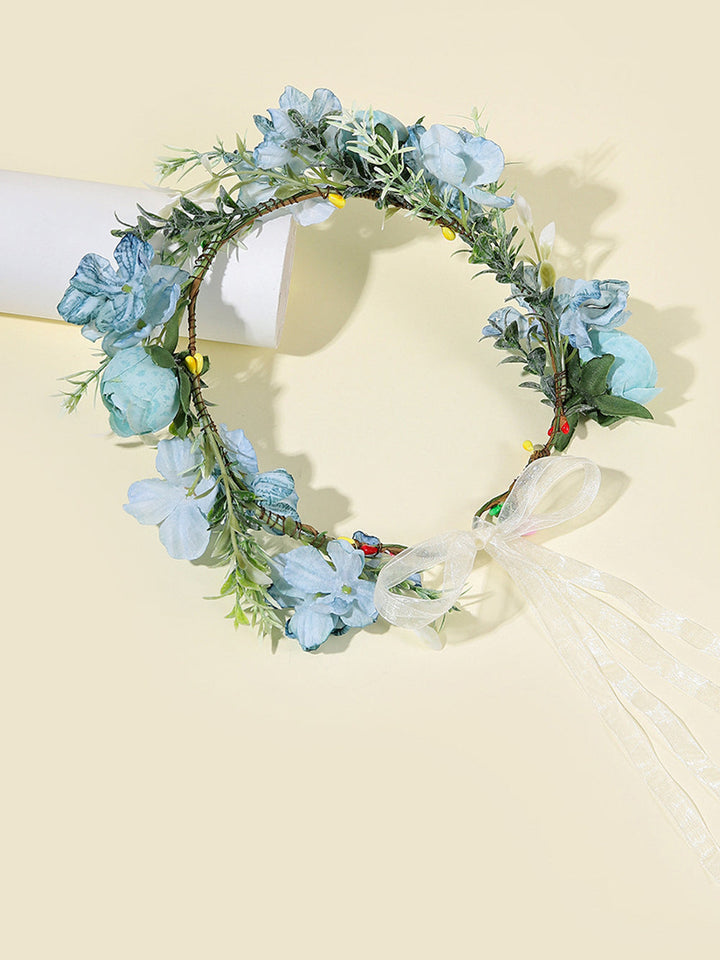 Boho Flower Crown Headpiece Hårkrans med Ribbon Festival Blue