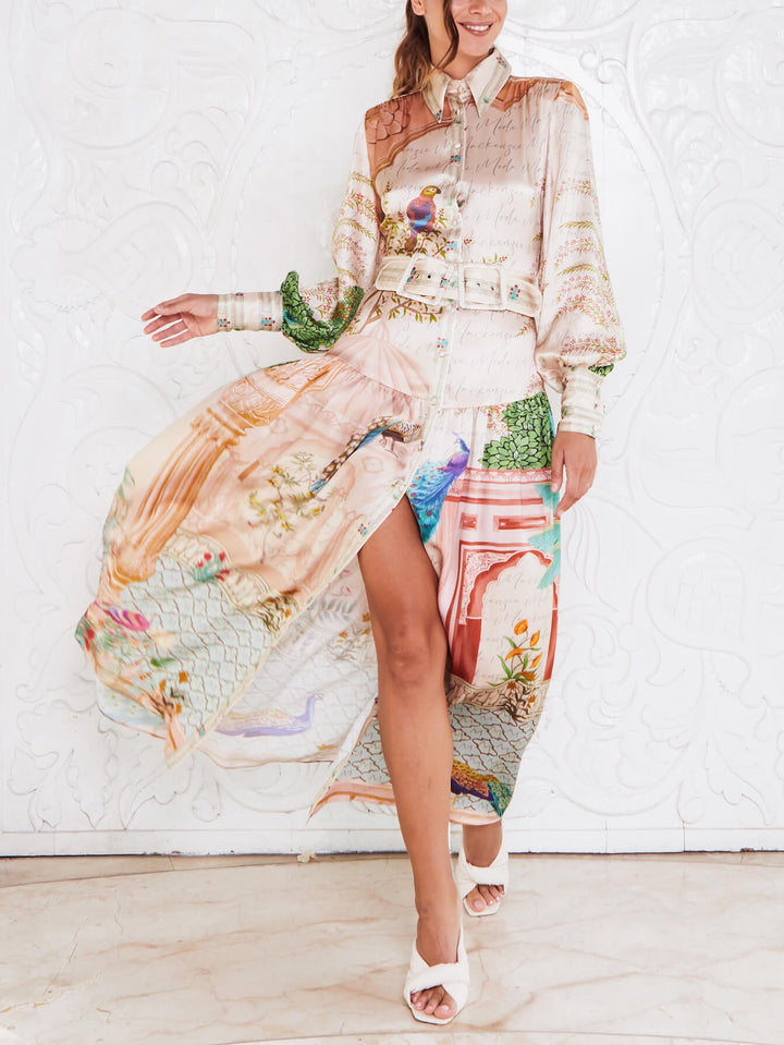 Prachtige midi-jurk in paleisstijl met satijnen print en lantaarnmouwen