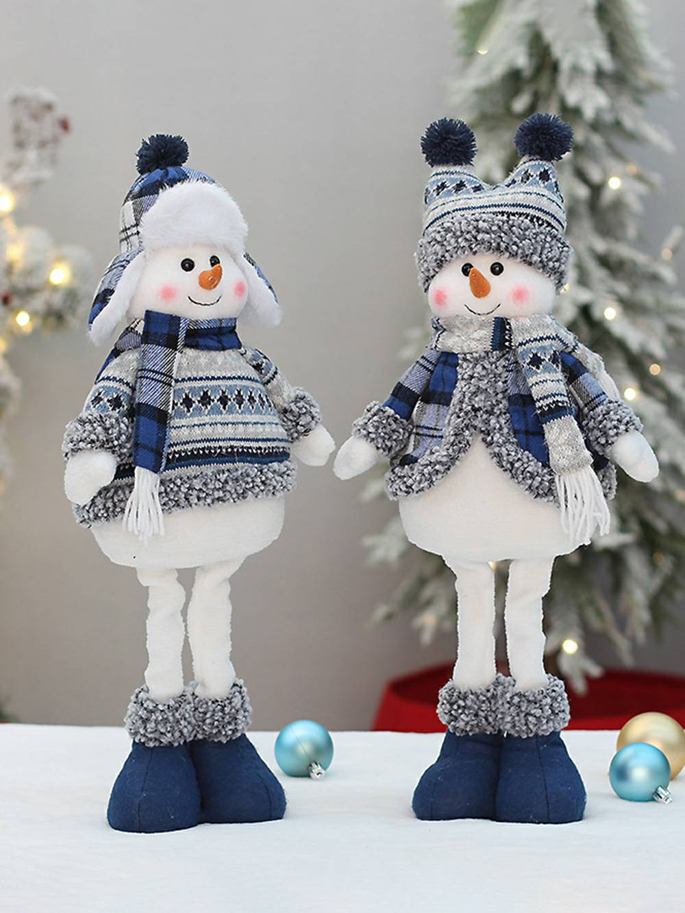 Ornamenti decorativi per bambole di Natale retrattili in tessuto blu natalizio