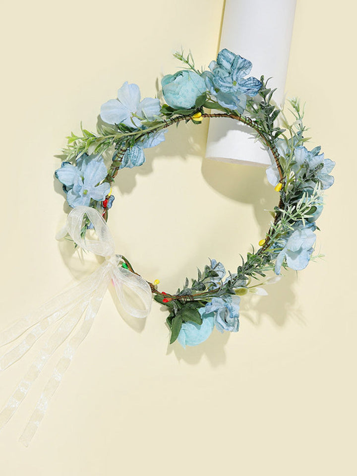 Věnec do vlasů Boho Flower Crown Headpiece se stuhou Festival Blue