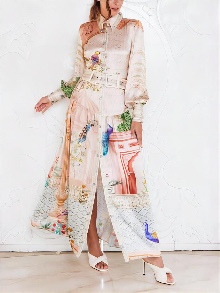 Vynikající midi šaty s lucernovým rukávem se saténovým potiskem v paláci