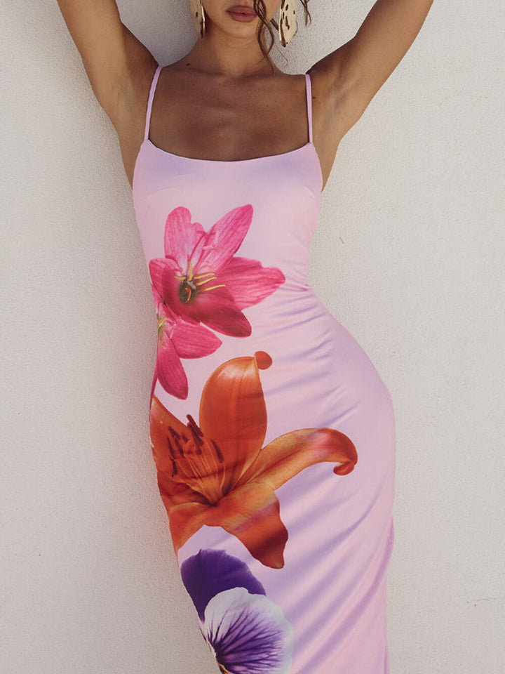 Unieke paarse midi-jurk met bloemenprint en band