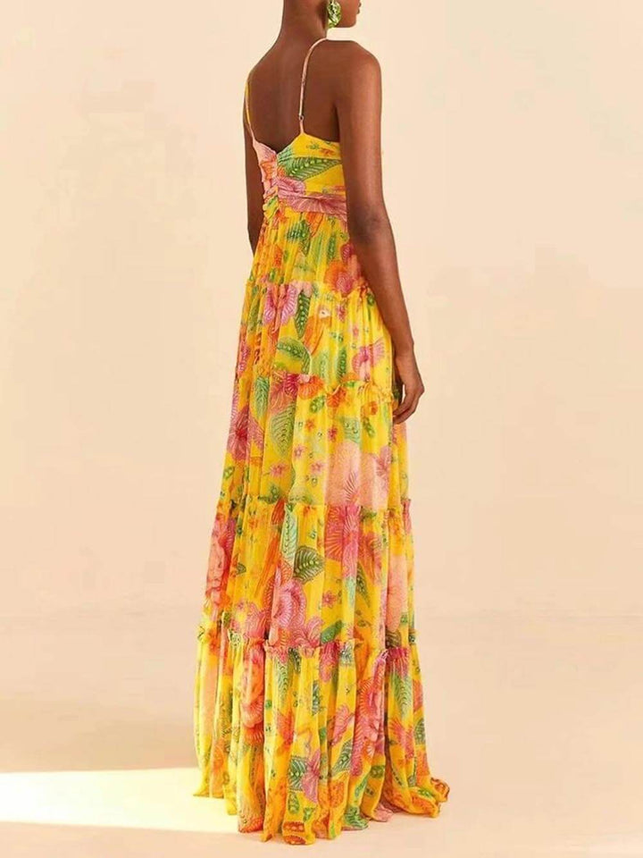 Hanging Neck Printed Floral Design Backless Straight Maxi Dress