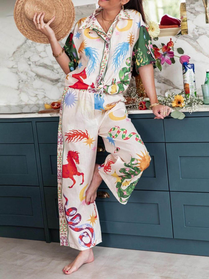 Unique Print Short Sleeve Loose Shirt And Elastic Waist Pants Set