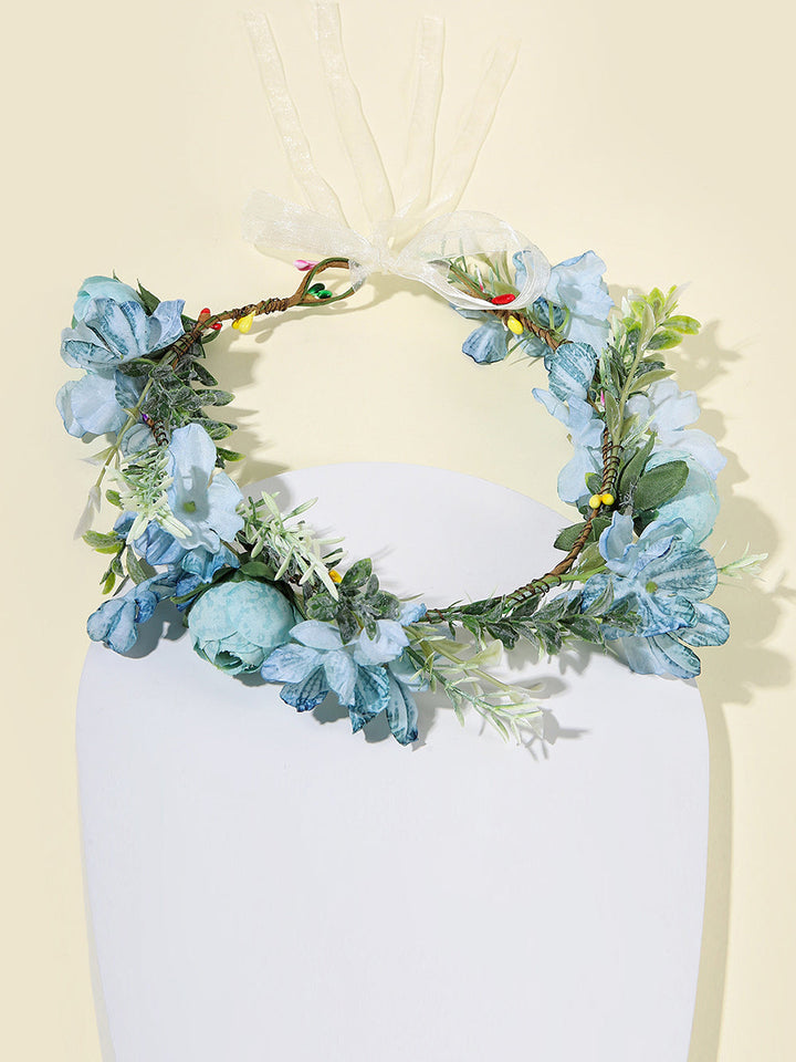 Věnec do vlasů Boho Flower Crown Headpiece se stuhou Festival Blue