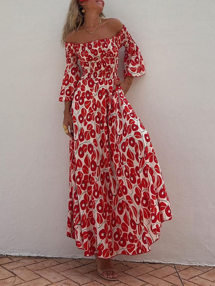 Gesmokte off-shoulder maxi-jurk met bloemenprint en zakken