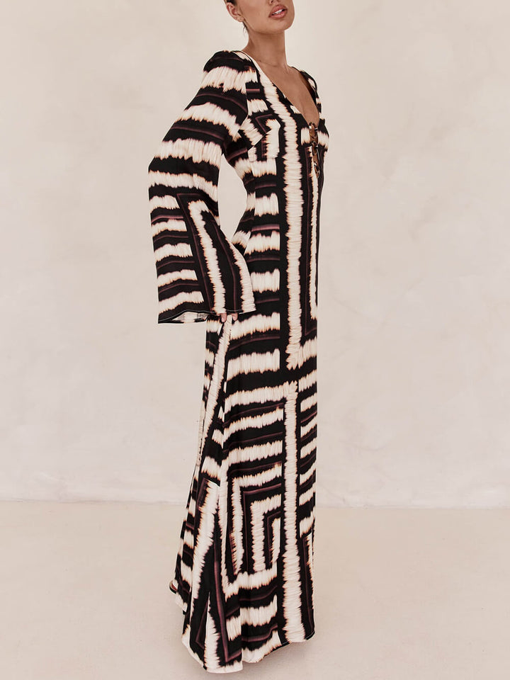 Boheemse stijl unieke bedrukte maxi-jurk met V-stropdasring