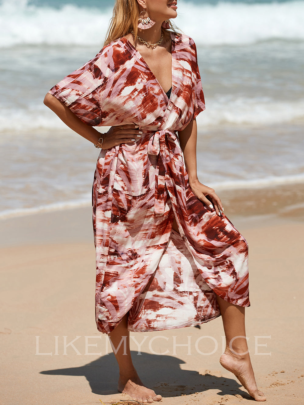 Damen-Strandkleider mit Korallenmuster und offener Vorderseite