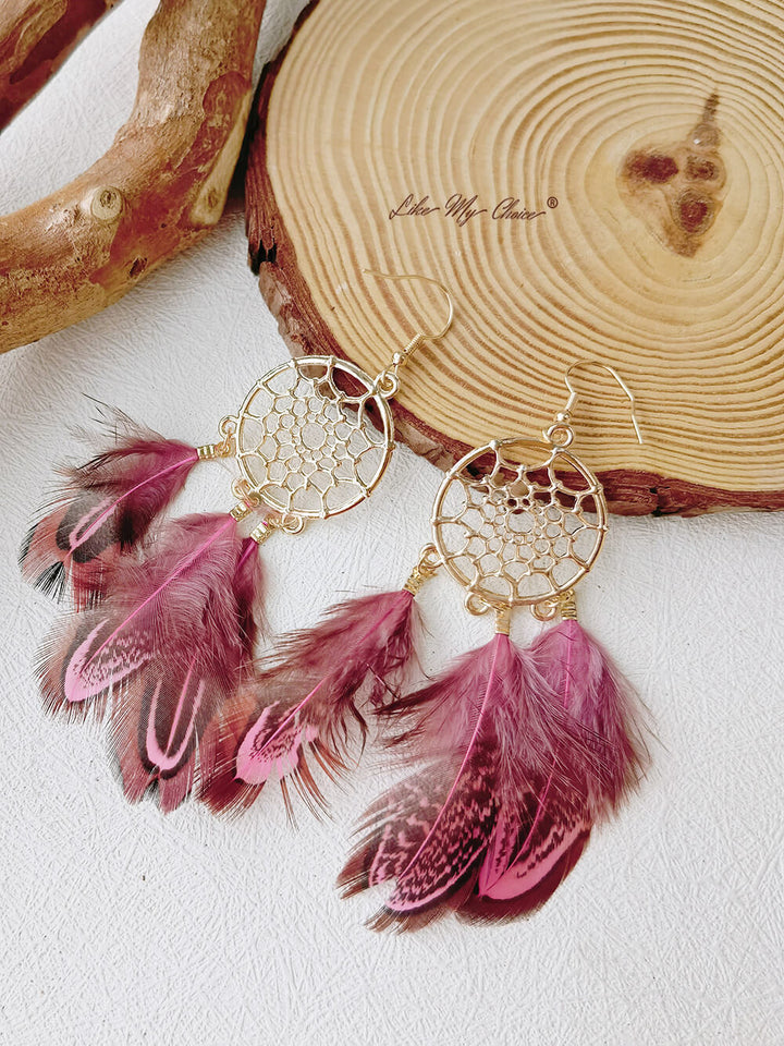 Feather Long Dream Catcher Κομψά σκουλαρίκια Boho