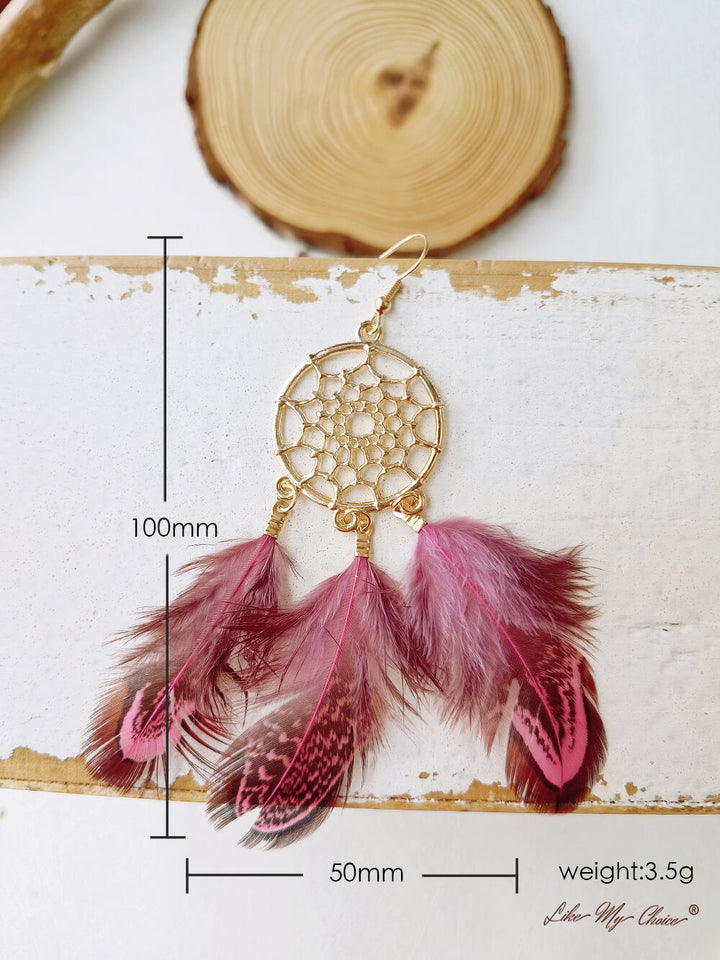 Pendientes bohemios con estilo atrapasueños largos de plumas