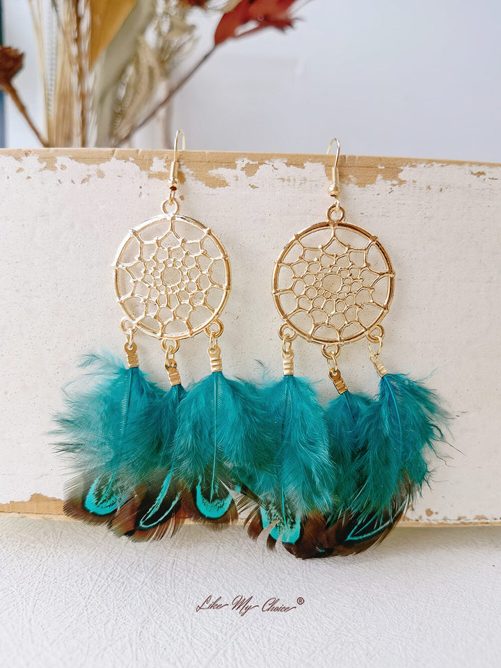 Feather Long Dream Catcher Κομψά σκουλαρίκια Boho