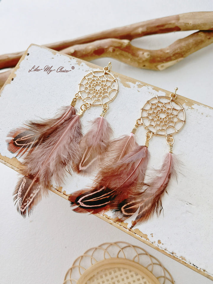 Feather Long Dream Catcher ต่างหูสไตล์ Boho