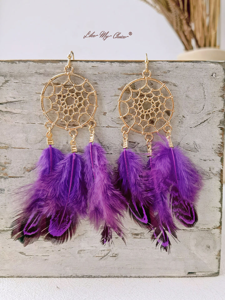 Pendientes bohemios con estilo atrapasueños largos de plumas