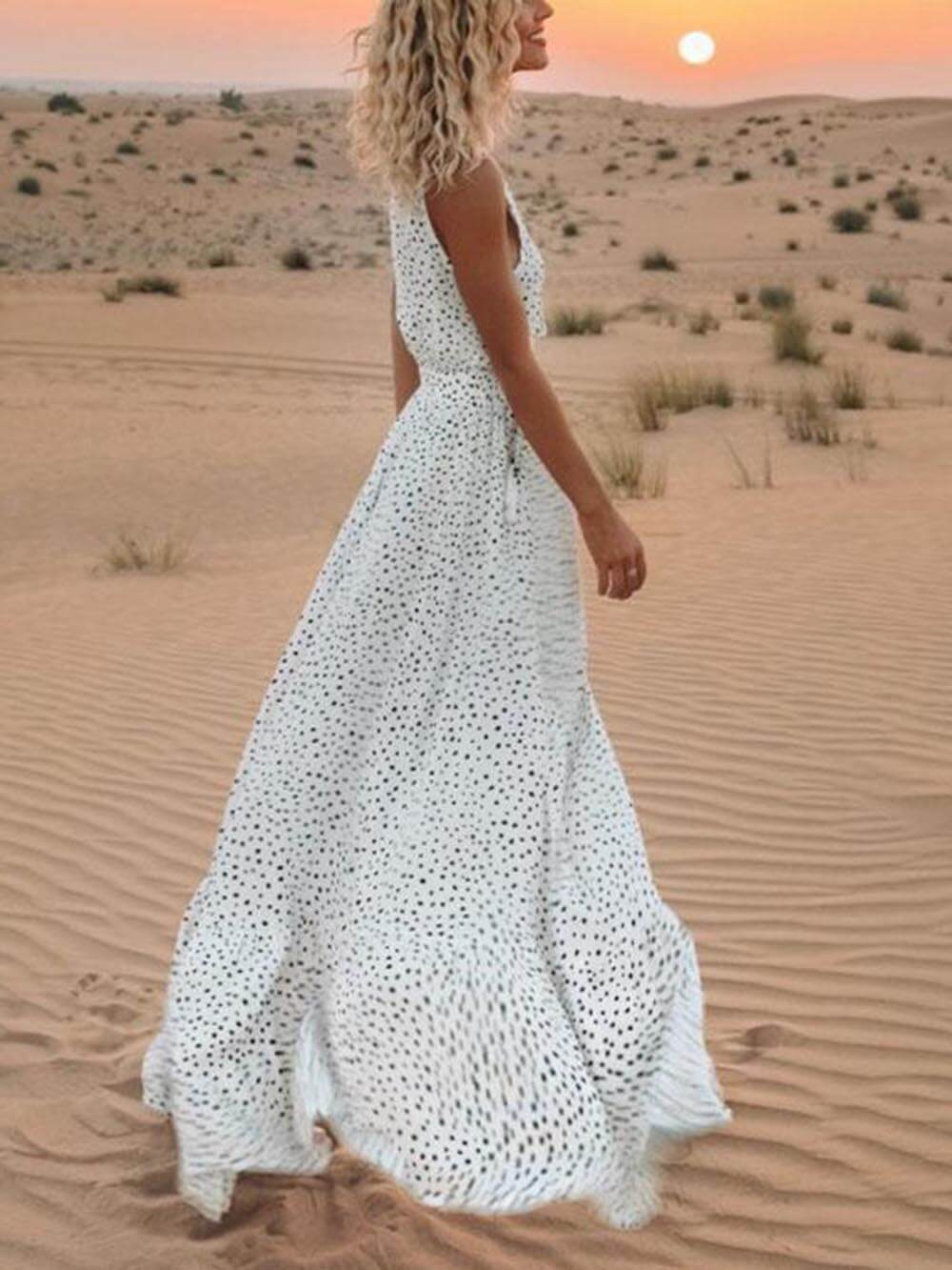 Bohemian V-Neck Sleeveless Polka-Dot Maxi Skirt