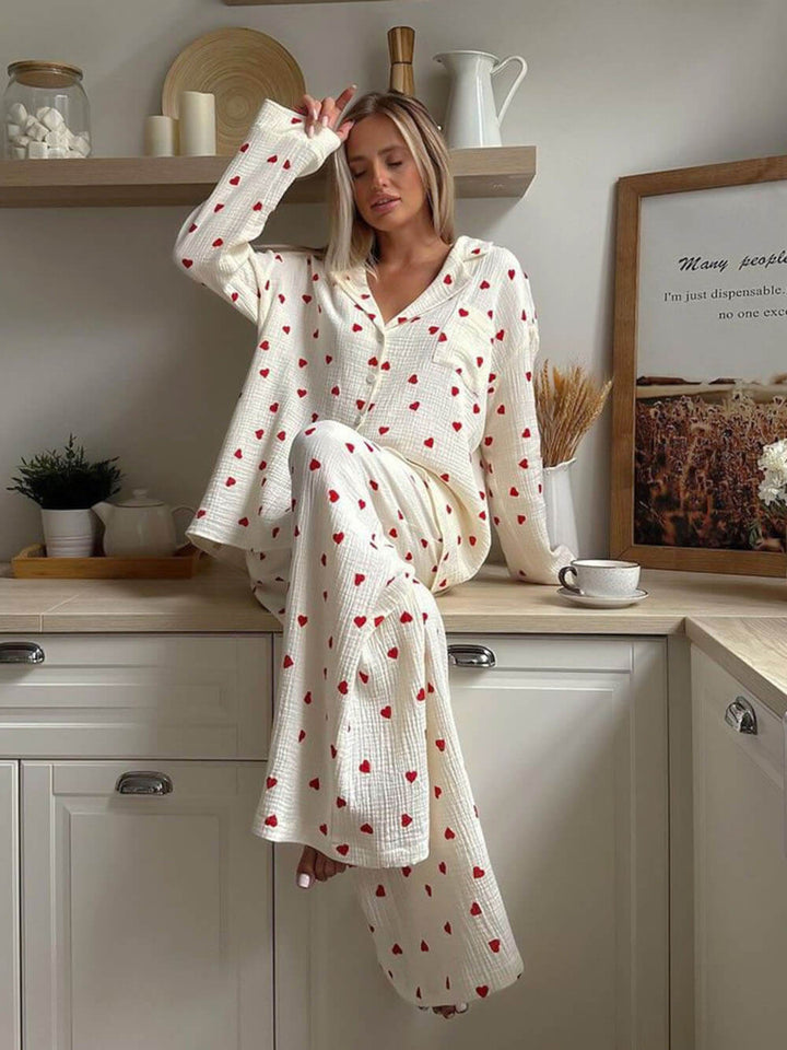 Cute Heart Print Button Down Shirt Pajama Sets