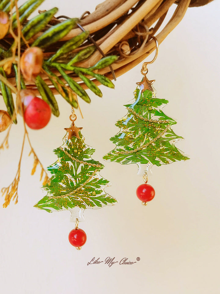 Pendiente de flor prensada - Resina de árbol de Navidad