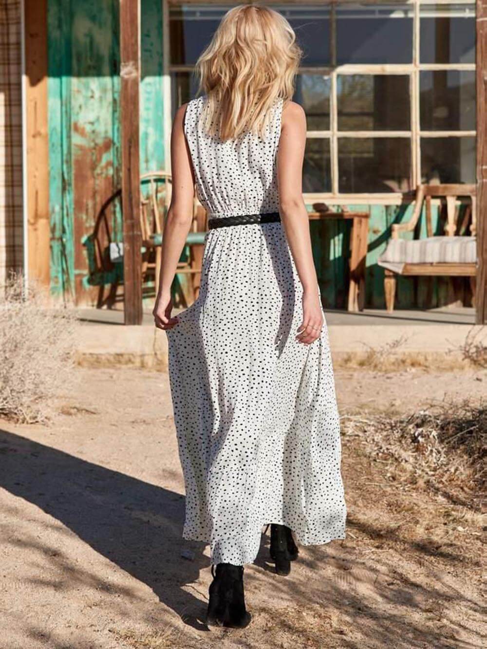 Bohemian V-hals ermeløs polka-dot maxi skjørt