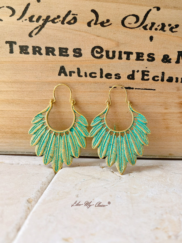 Boheemse turquoise gouden veer oorbellen
