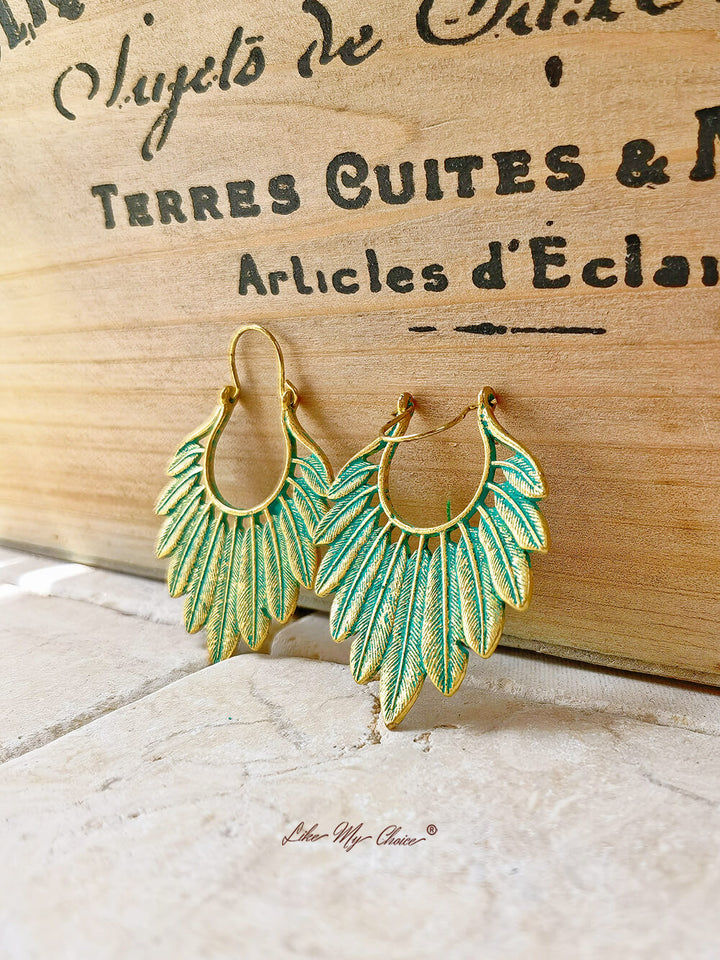 Boheemse turquoise gouden veer oorbellen