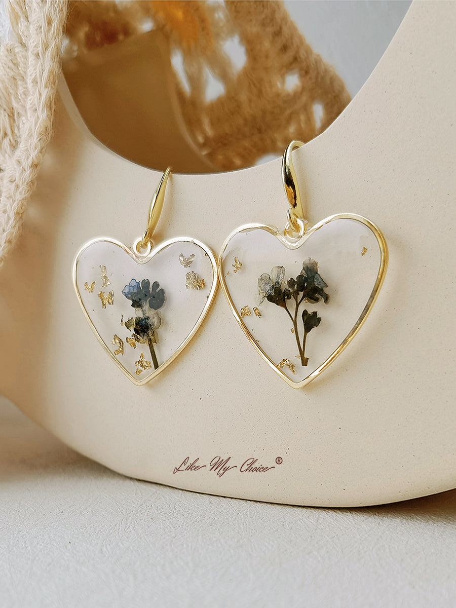 Pendientes de flores prensadas - Flor seca de corazón de resina