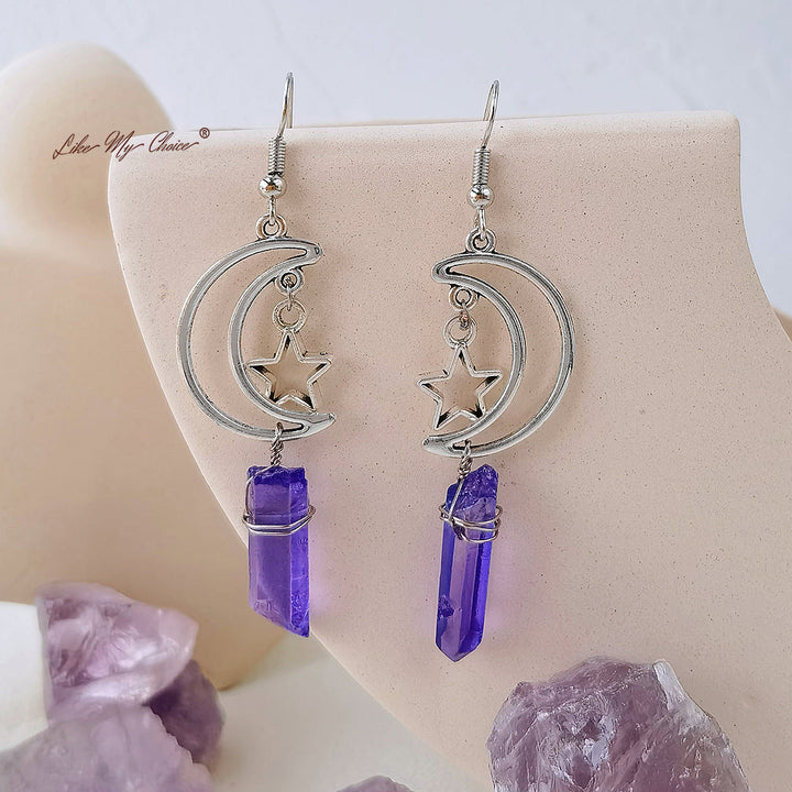 Natural Crystal Moon & Star Earrings