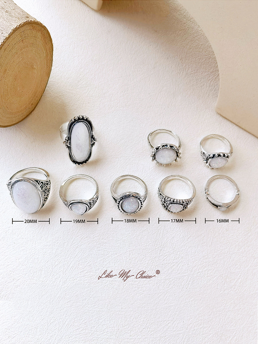 Böhmisches Opalstein-Boho-Ring-Set, 8-teilig