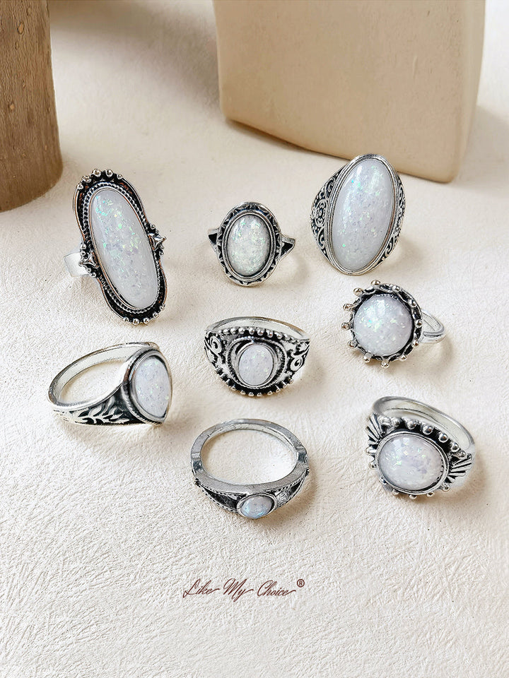 Bohemian Opal Stone Boho Ring Set 8pcs