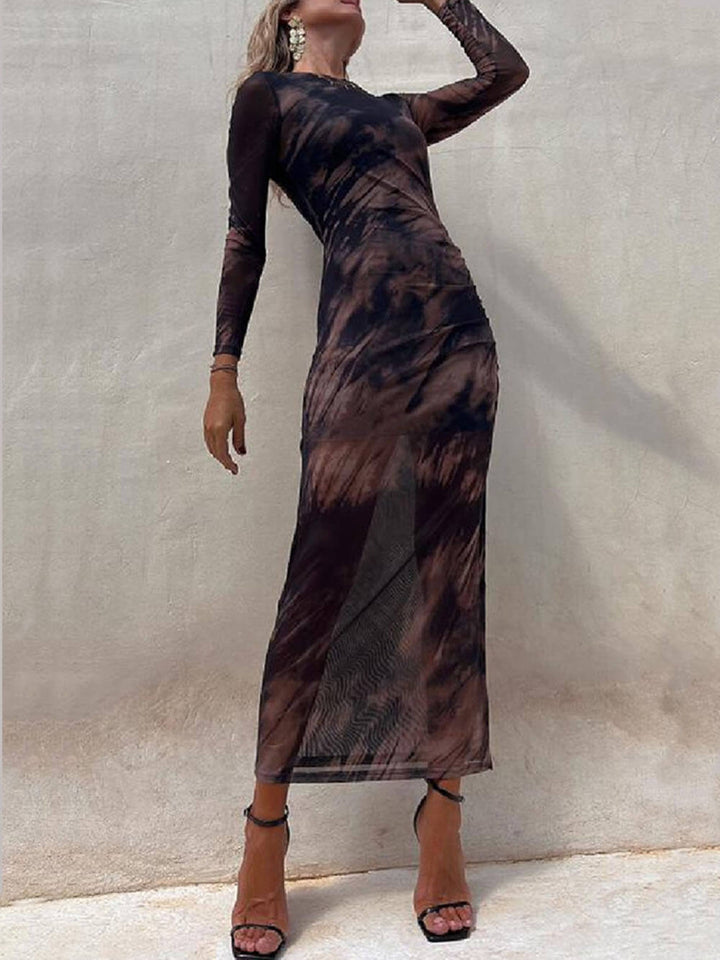 Charm Lady Mesh Overlay Tie Dye Print Μακρυμάνικο Ruched Stretch Midi Φόρεμα